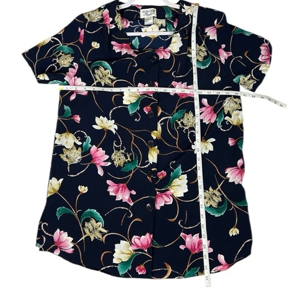 Wild Thyme Vintage Floral Button Down Short Sleeve Navy Blue Polyester Blouse - Picture 8 of 8